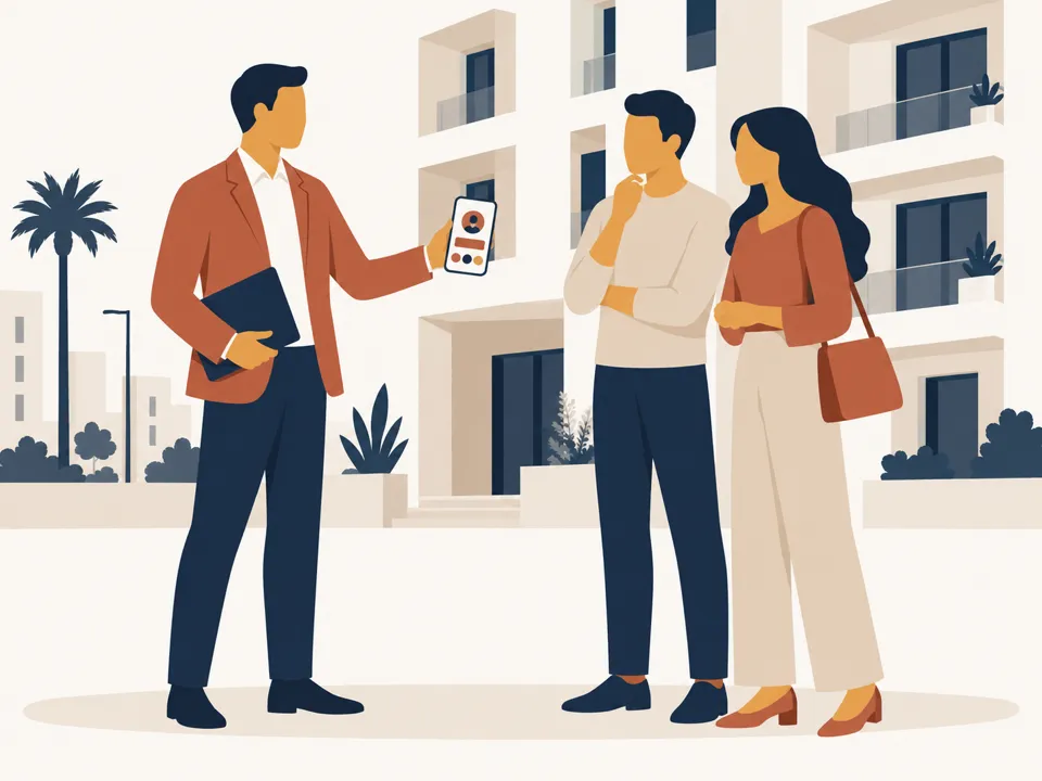 Agent immobilier présentant sa carte de visite digitale Kartati devant un bien